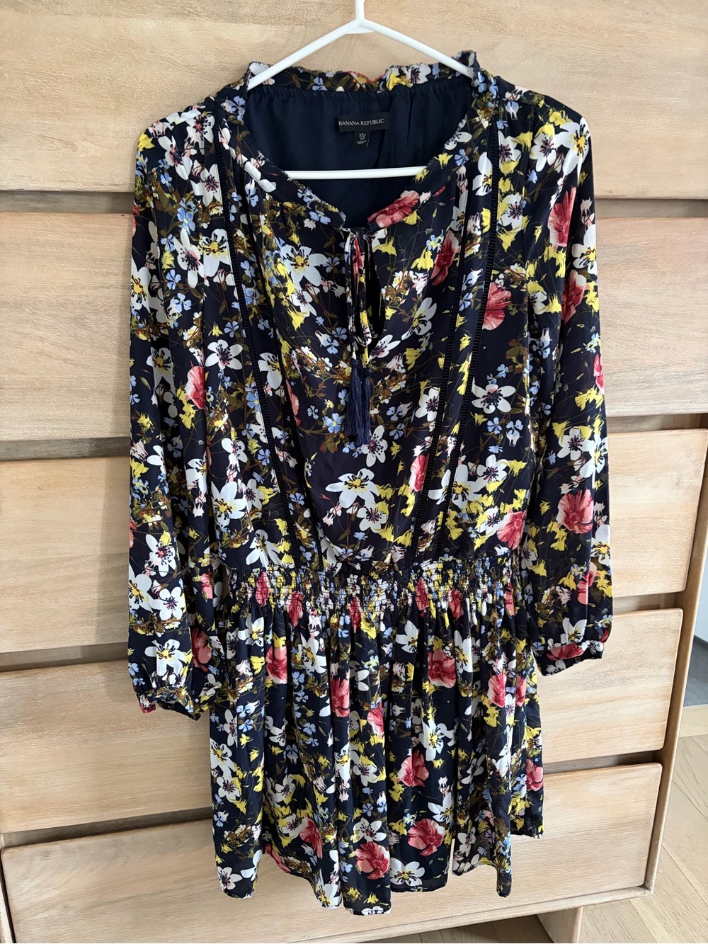 Vintage Banana Republic Navy Floral Long-Sleeve Smocked Waist Dress